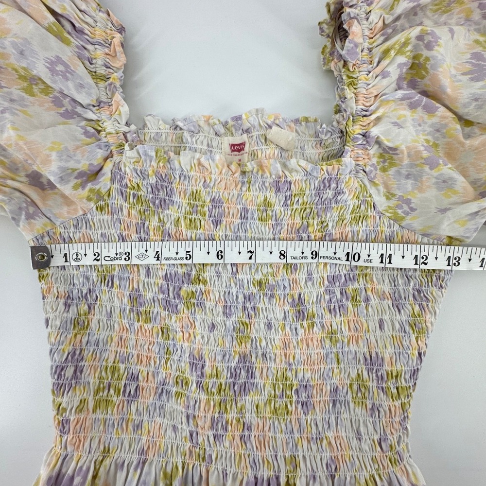 Levi's Smocked Floral Puff Sleeve Tiered Midi Dress M Yellow Purple Cottage Boho - Picture 8 of 10
